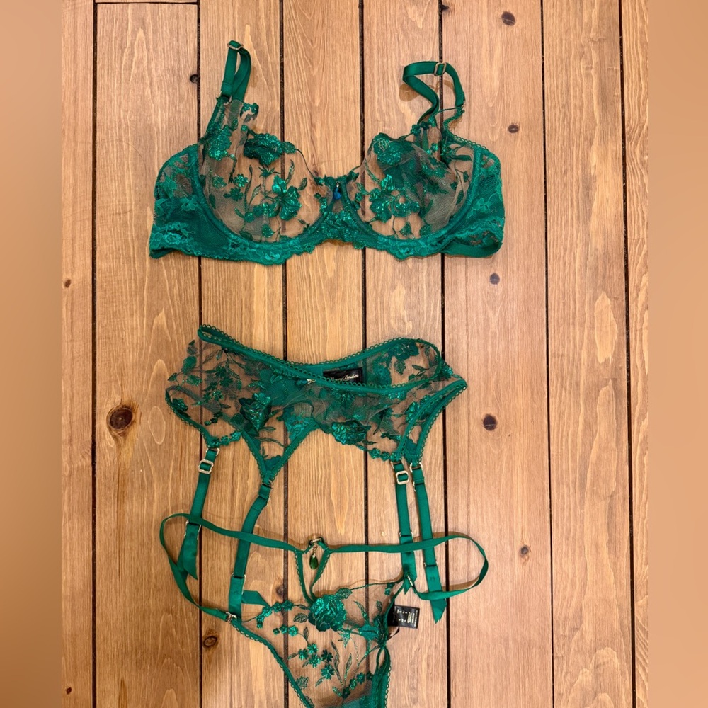 Honey Birdette Whitney 3-Piece Bra, Garter & Thong Lingerie Set in Emerald Green